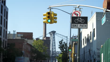 close up of traffic lights above road junction in new york