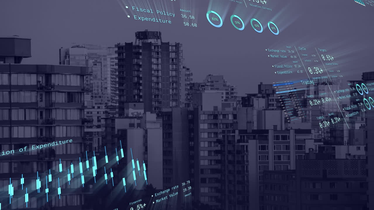 Animation of financial data processing over cityscape