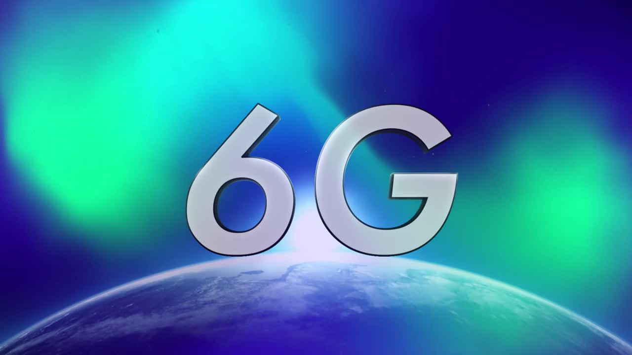 animación de texto plateado 6g, con globo giratorio y luces verdes, en azul oscuro