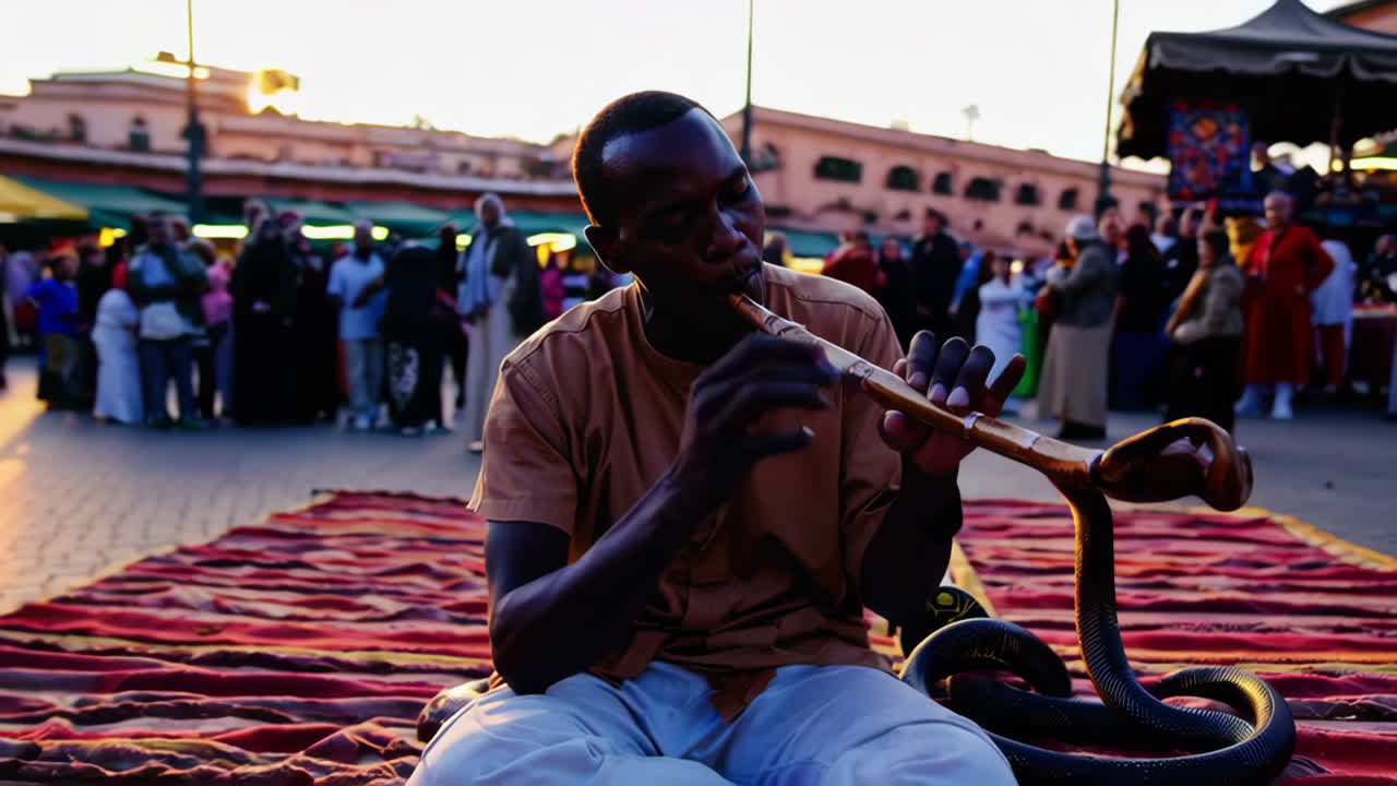 A bustling marketplace in Morocco, featuring snake charmers, musicians, and an energetic crowd.