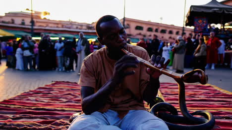 a bustling marketplace in morocco, featuring snake charmers, musicians, and an energetic crowd.