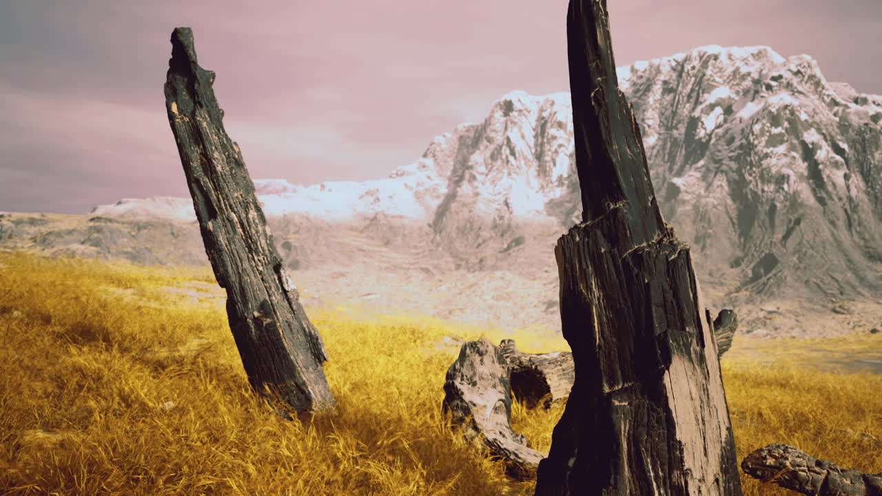 Stunning landscape with ancient rock formations and snow capped mountains