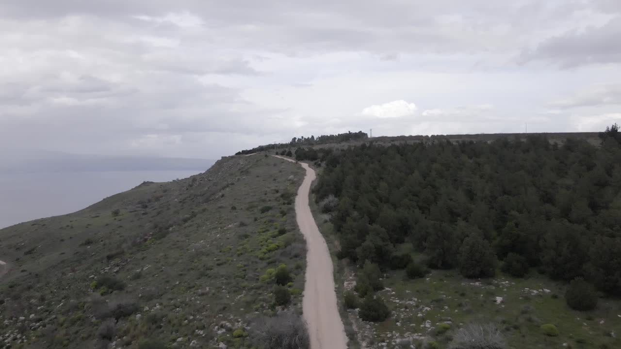 4K aerial shot. Flying over empty asphalt road. Close to the trees. Aerial UHD 4K: mid-air flight over rural mountain road and meadow at sunny summer morning.