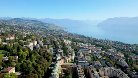 overfly lausanne city towards the east of vaud canton in lake geneva, switzerland