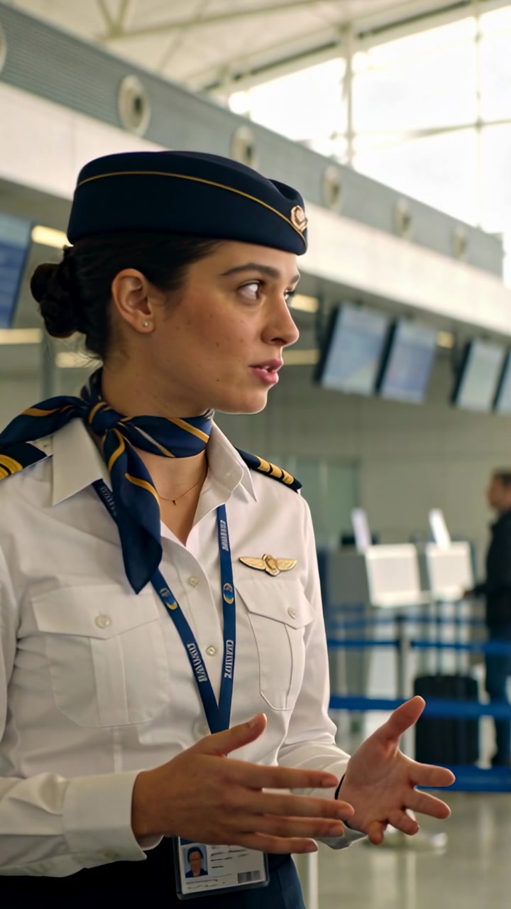 Vertical video: Female airline staff answering guest question showing checkin at screens gesturing