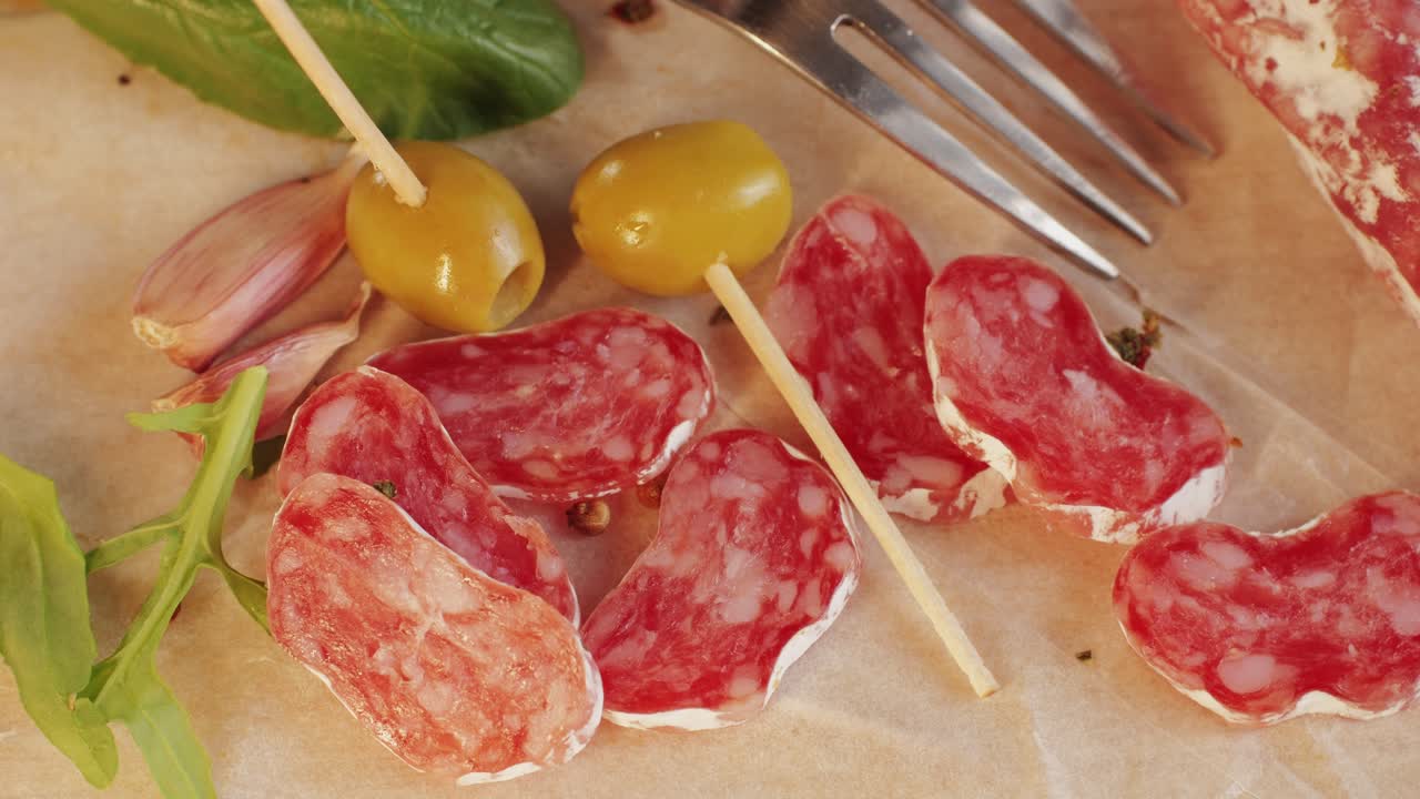 Mix of spanish pork sausages, Cutting board of appetizing catalonian snack - fuet, jamon, chorizo, olives, supermarket tapas food in spain, traditional cuisine.