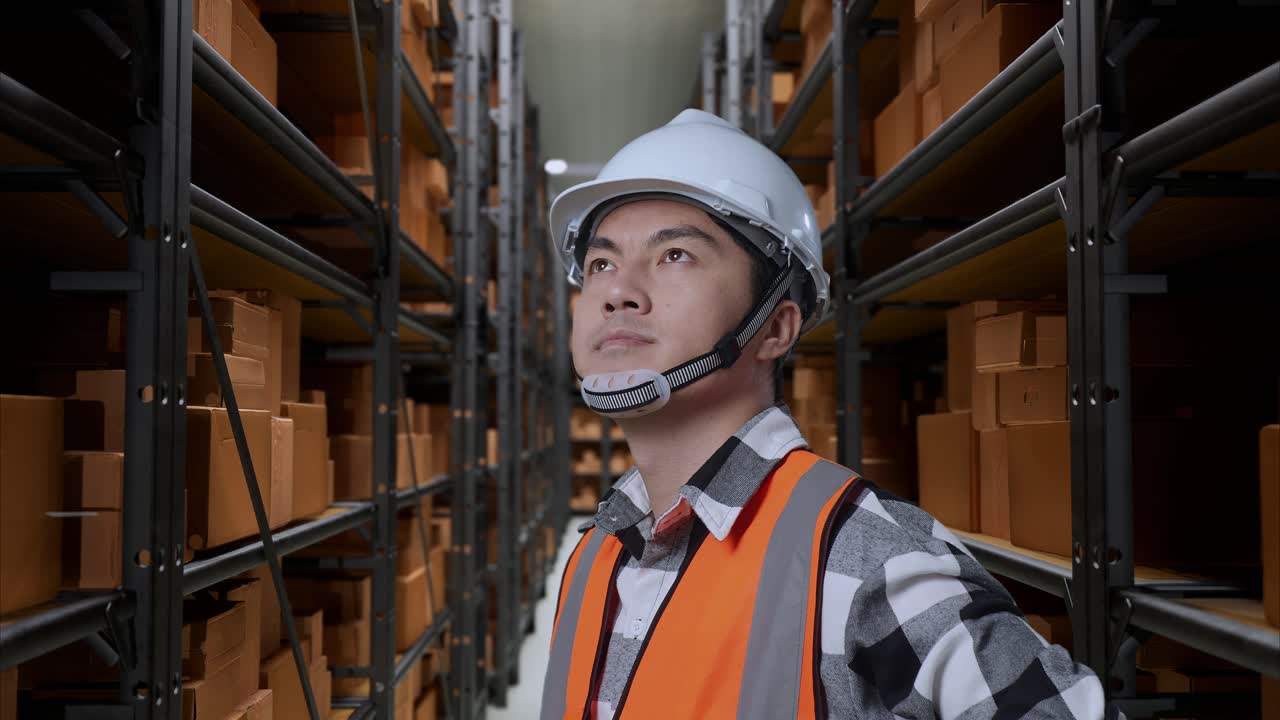 배달품으로 가득 찬 선반을 가진 창고에서 안전 헬을 입은 아시아 남성 엔지니어의 가까운 측면 뷰.