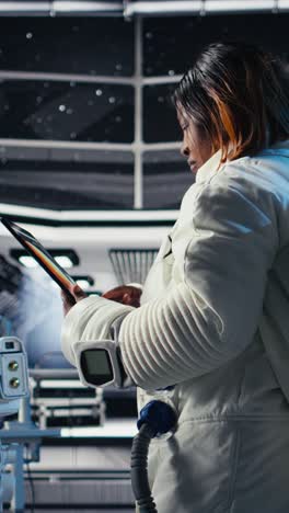 vertical video portrait of joyful astronaut putting cosmic protection equipment on
