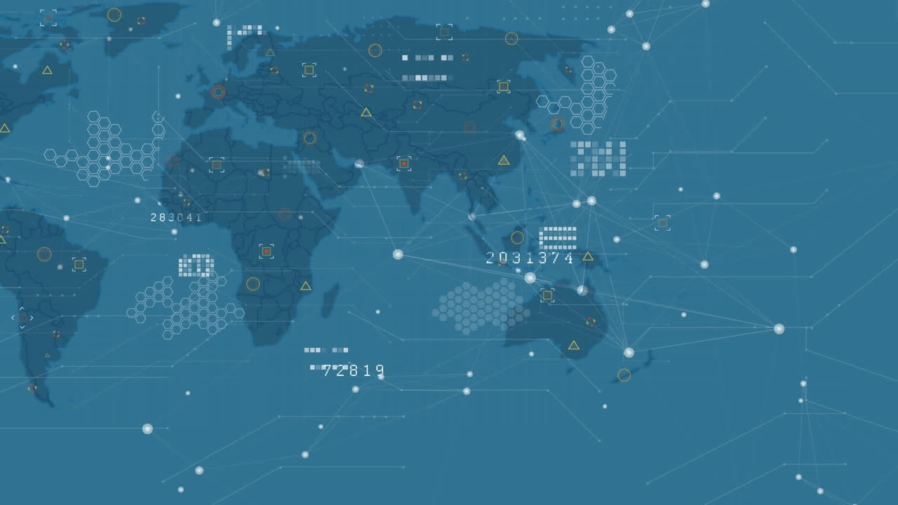 animación de la red de conexiones sobre el mapa del mundo contra fondo azul