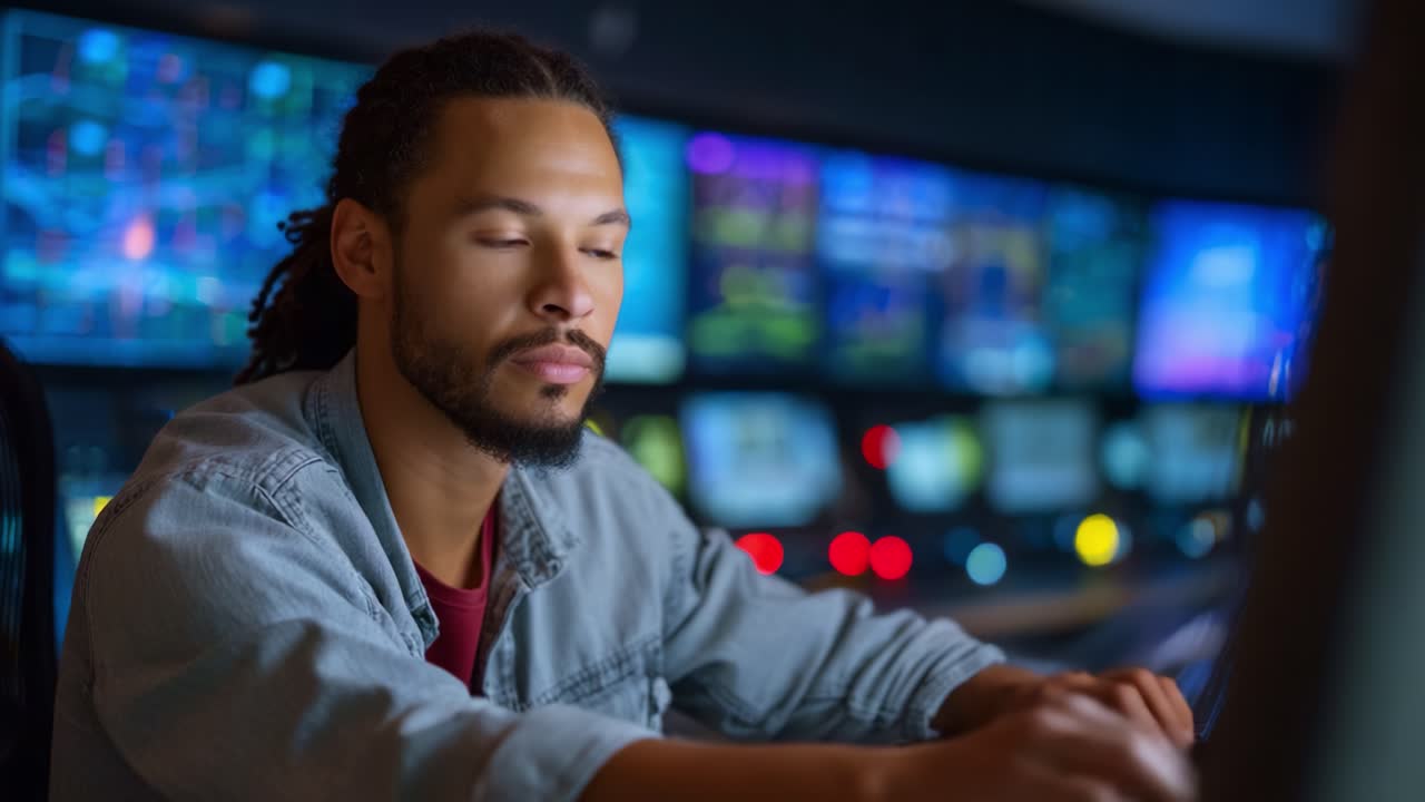 Fokuseret tekniker, der arbejder i kontrolcenter, analyserer data og overvåger systemer på flere skærme med levende grafiske displays hele vejen rundt.