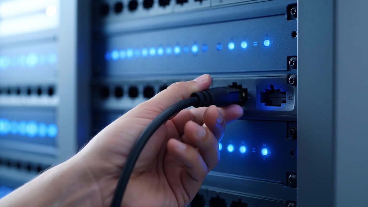 Mano che Collega un Cavo Ethernet a uno Switch di Rete in un Data Center