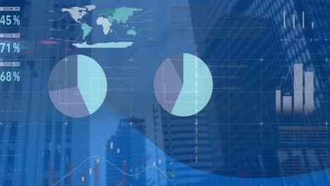 animation of statistical data processing against view of tall buildings