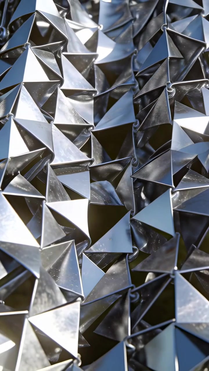 Vídeo vertical: Cortina de metal brilhante inclinando facetas triangulares enquanto o sol atinge o parque, mostrando pequenos laços.