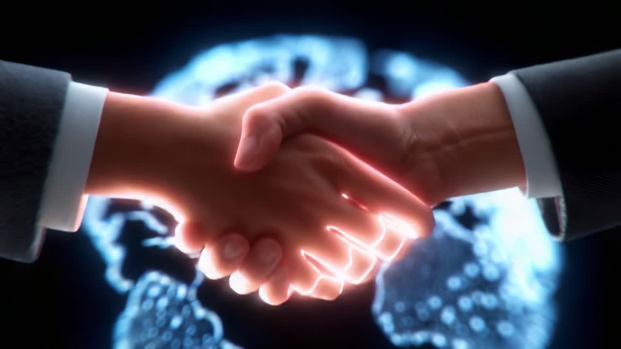 A Symbolic Representation of Unity and Agreement, Featuring Hands Firmly Shaking in Front of a Glowing World Map, Signifying Collaboration, Trust, and Global Partnerships in Modern Business Context