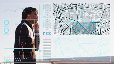 animación del procesamiento de datos sobre un hombre afroamericano que usa un teléfono inteligente