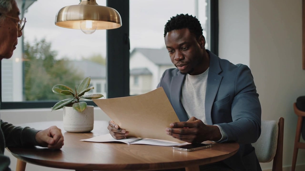 Reading man in blazer at home table, receiving paper while client leaning, handing file for review