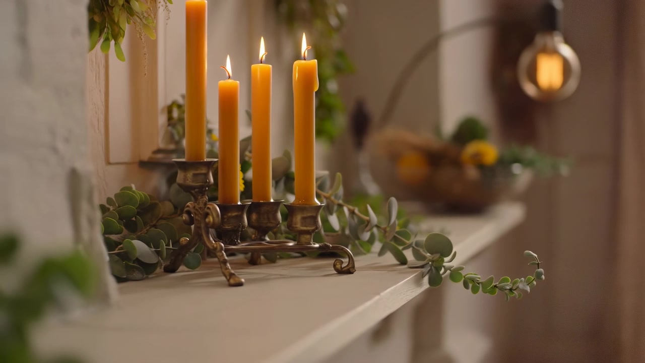 Scena ravvicinata mostra quattro candele affusolate che bruciano costantemente in un candelabro di ottone su una mensola dipinta, circondate da una ghirlanda di eucalipto e piccoli fiori gialli, creando un caldo e accogliente bagliore interno.