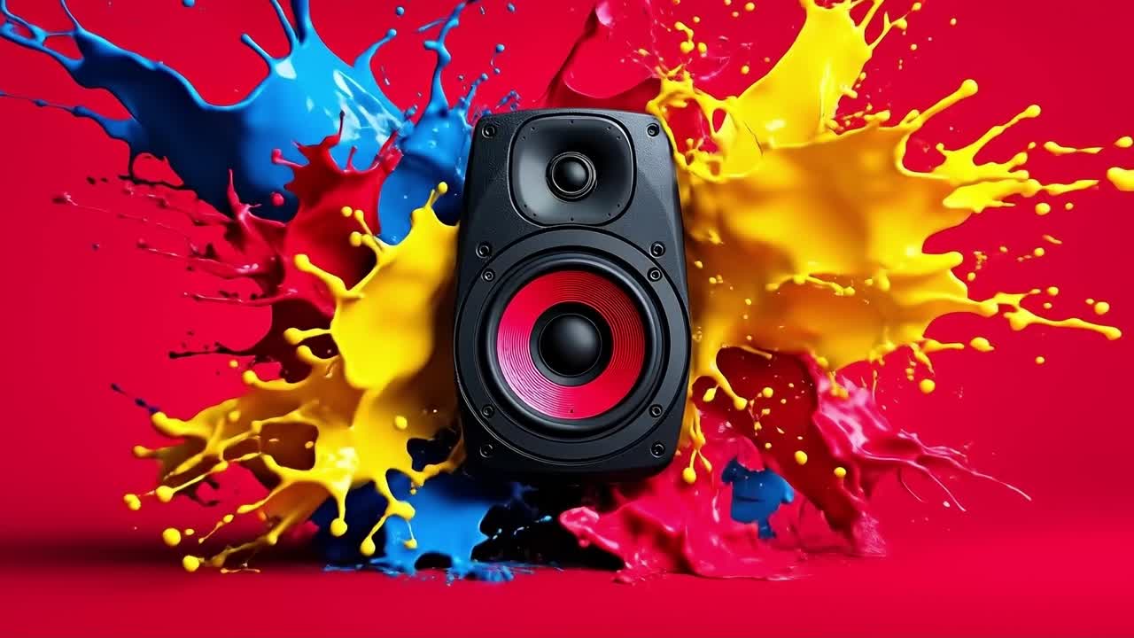 A speaker with colorful paint splashing out of it