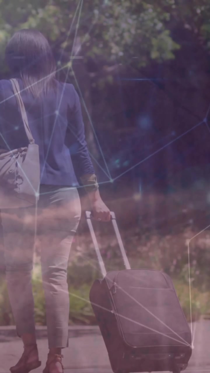 Animazione di una rete di connessioni sulla vista posteriore di una donna con bagagli e nuvole