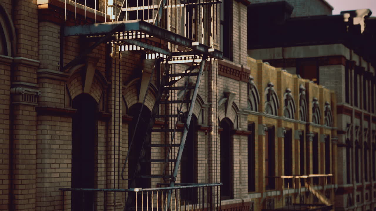 Fire escape on urban building in evening light casting shadows
