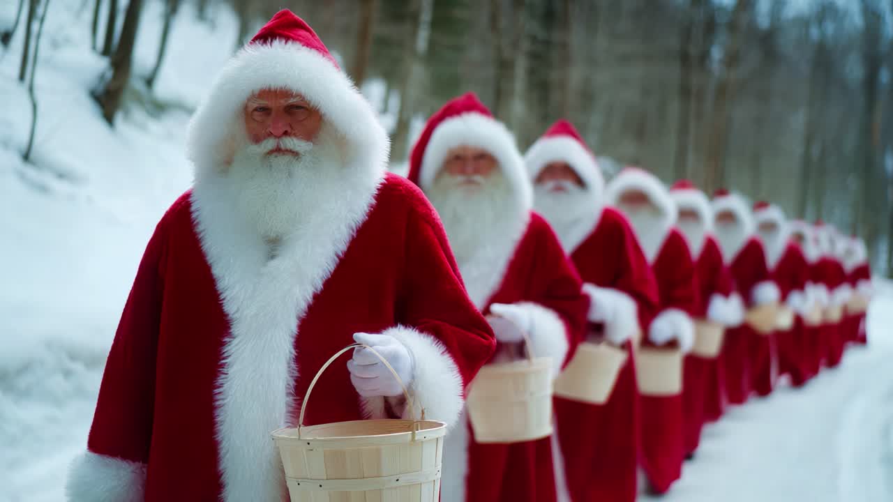 A festive gathering of Santas in red coats and hats marching through a snowy forest, carrying baskets, embodying the spirit of Christmas as they spread joy and holiday cheer amidst the winter landscape