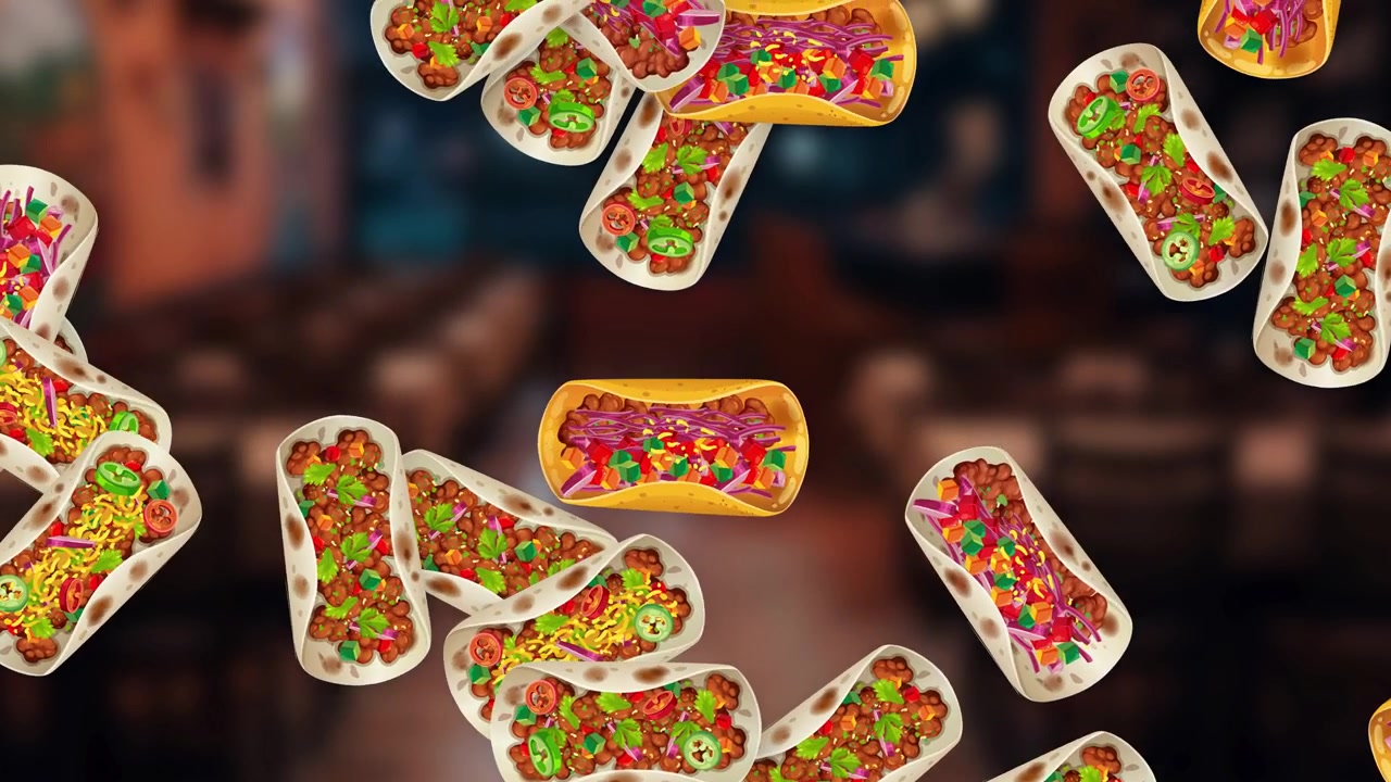 Tacos animati che cadono continuamente su uno sfondo bokeh morbido di un ristorante poco illuminato.