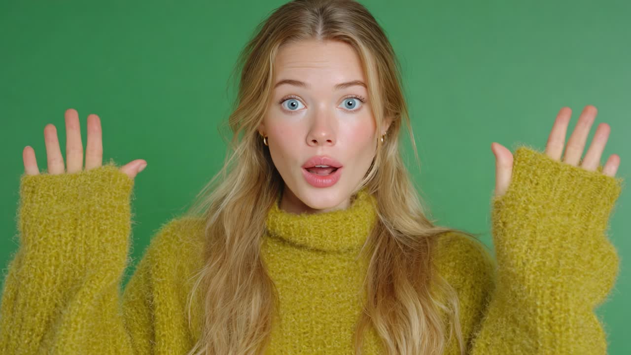 Surprised Expression: A Young Woman in a Cozy Yellow Sweater Caught in a Moment of Amazing Revelation Against a Green Background