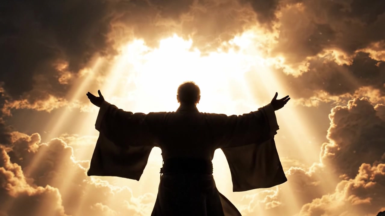 Una figura solitaria che abbraccia una luce radiosa tra nuvole drammatiche: un'interpretazione visiva dell'illuminazione e del risveglio spirituale.