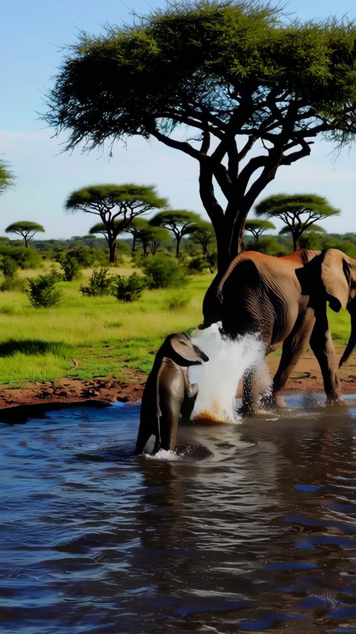 Una famiglia di elefanti, incluso un cucciolo, che cammina e gioca nell'acqua in una savana africana