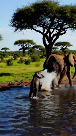 a family of elephants, including a baby, walking through and playing in the water in an african savanna