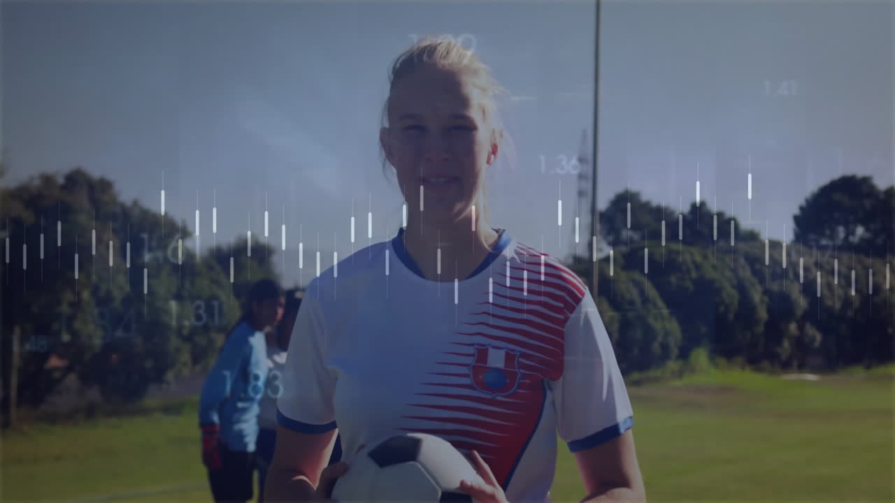 female soccer player holding ball on grass field, with financial candlestick charts floating