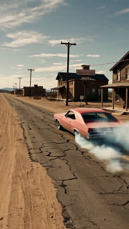 classic car burnout in a desert ghost town