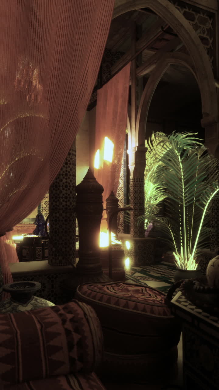 Cozy interior of a moroccan lounge with warm lighting and unique decor