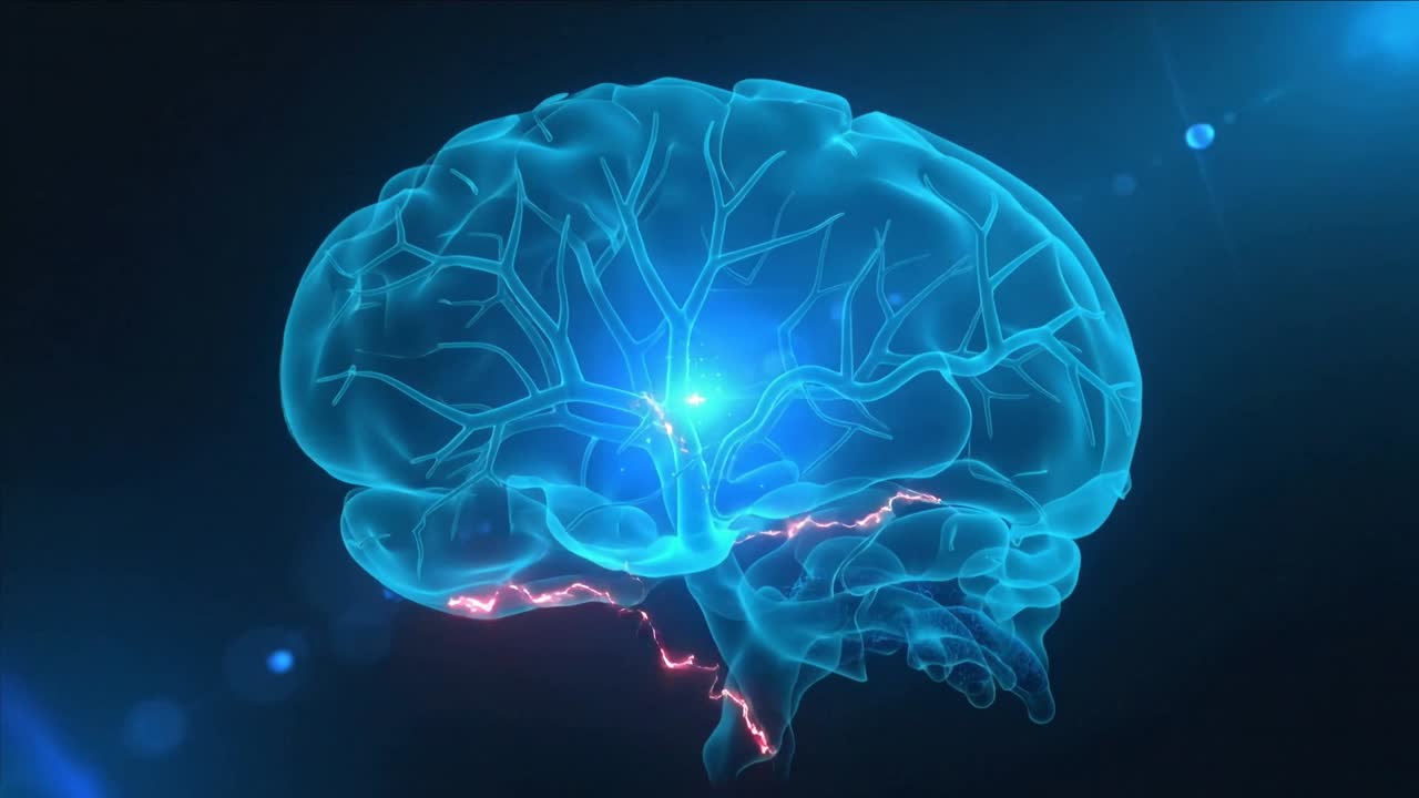 Pulsing stylized brain showing core node firing pink arcs along lower back to show neural flow