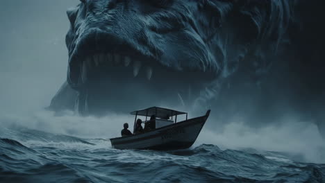 small boat facing a giant sea monster