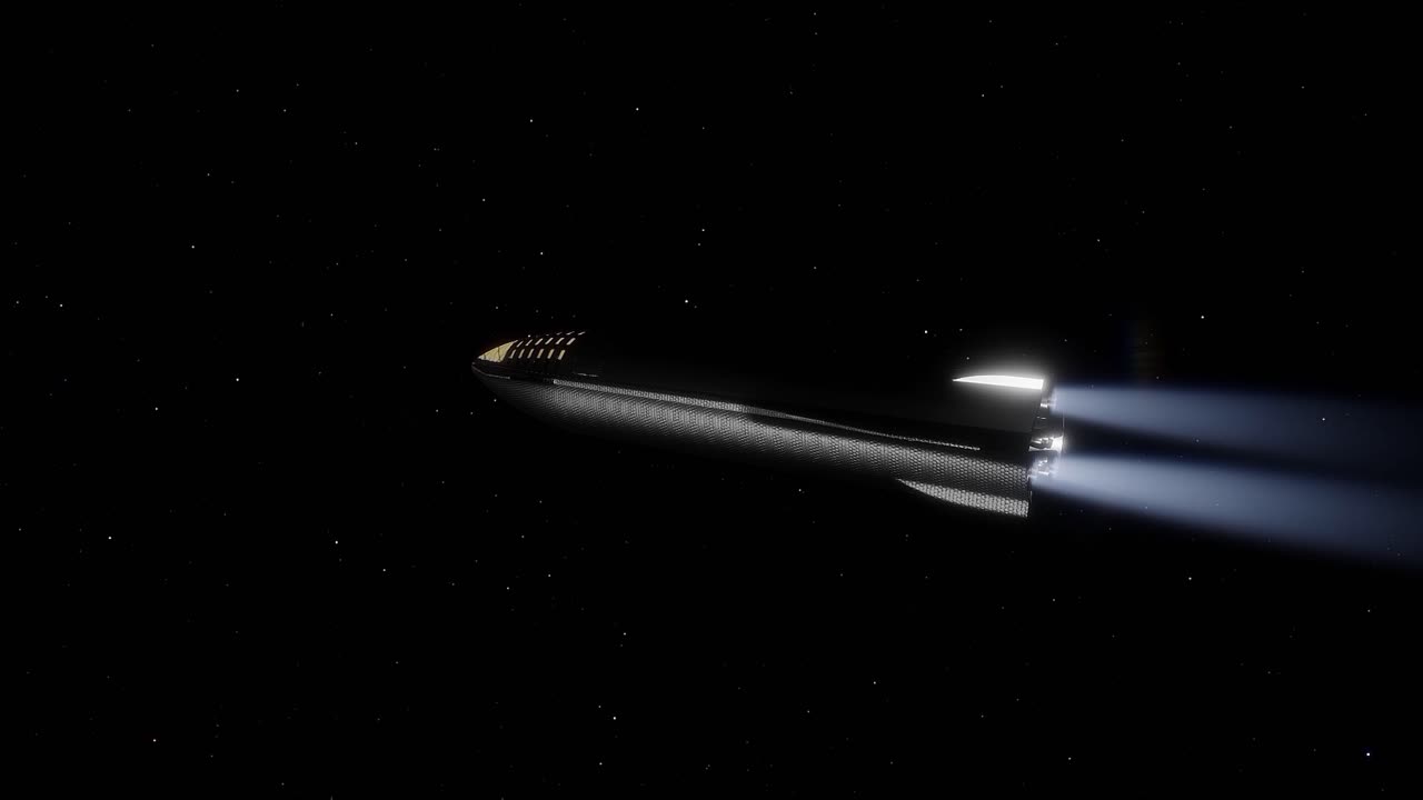 SpaceX Starship in volo verso l'orbita lunare dopo un lungo viaggio dalla Terra; si tratta di una simulazione al computer.