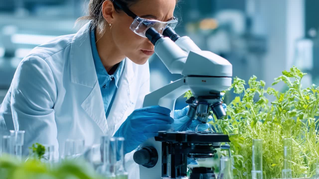 A dedicated scientist meticulously examines samples under a microscope in a modern laboratory surrounded by vibrant greenery and plants, emphasizing plant research and scientific exploration