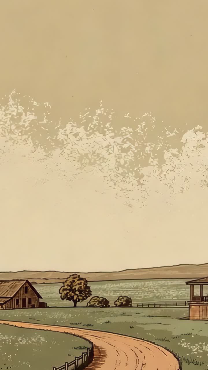 Vertical video: Starting slow rightward panning farm landscape, showing dirt road and lake horizon