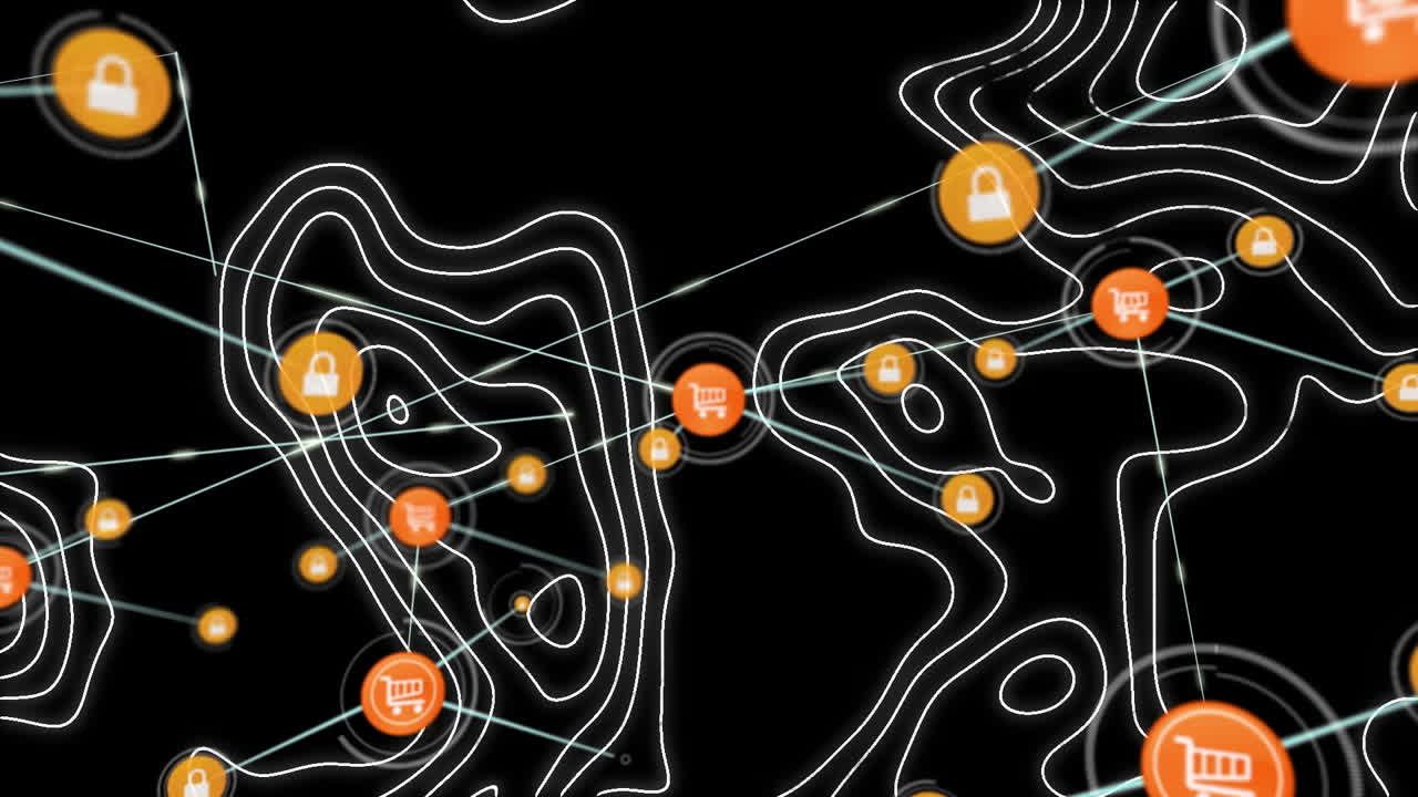 Animation of network of digital icons over topography against black background