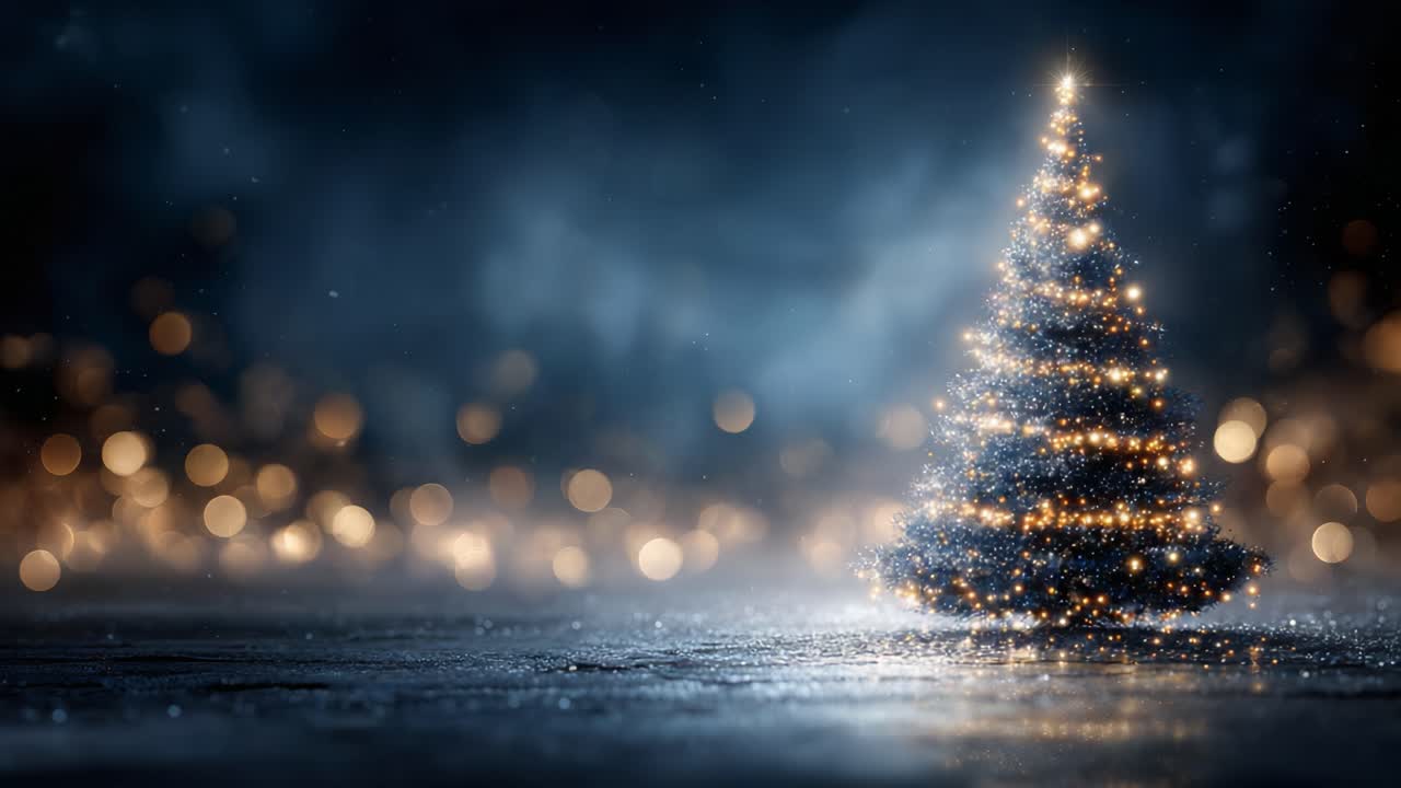 Un albero di Natale decorato in modo meraviglioso illumina la scena con luci scintillanti e un'atmosfera misteriosa, perfetto per celebrare lo spirito natalizio
