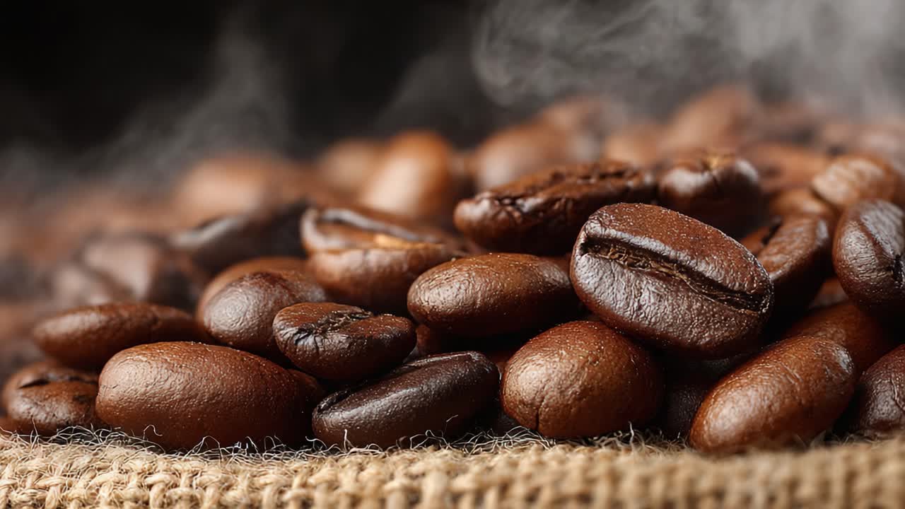 Et nærbillede af friskristede kaffebønner, der viser rige farver og teksturer med aromatisk damp, der stiger op, perfekt til kaffeelskere og kendere