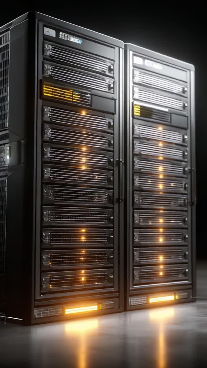 Primo piano di server dati ad alte prestazioni con indicatori luminosi che mostrano tecnologia avanzata e design moderno in un ambiente scarsamente illuminato