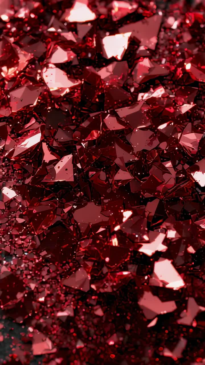Vertical video: Shifting light making red faceted shards casting gleam on studio table showing dust
