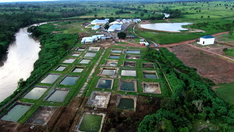 Flying-over-fish-farming-ponds-in-the-countryside-of-Kokona,-Nigeria-about-the-fish-pond-tanks-by-a-river