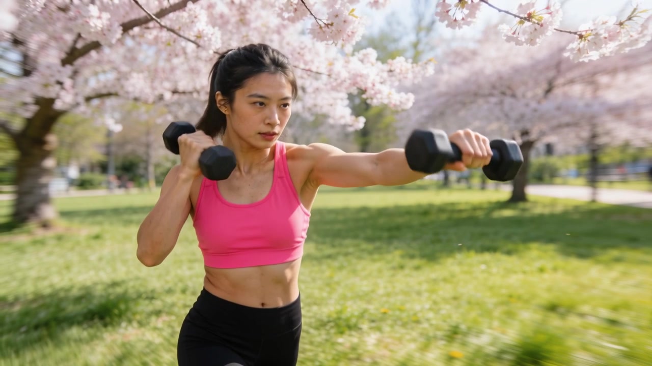 一名女子在公園裡穿著粉紅色運動內衣，開始進行交替啞鈴前平舉，以鍛鍊肩部線條。