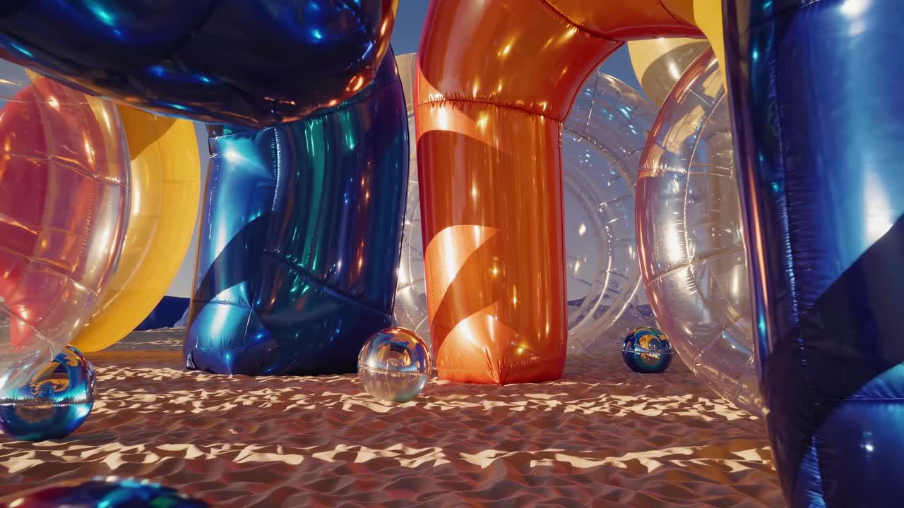 Large inflatable arches and spheres create a surreal and colorful landscape on a sandy beach, reflecting the sunlight and casting playful shadows