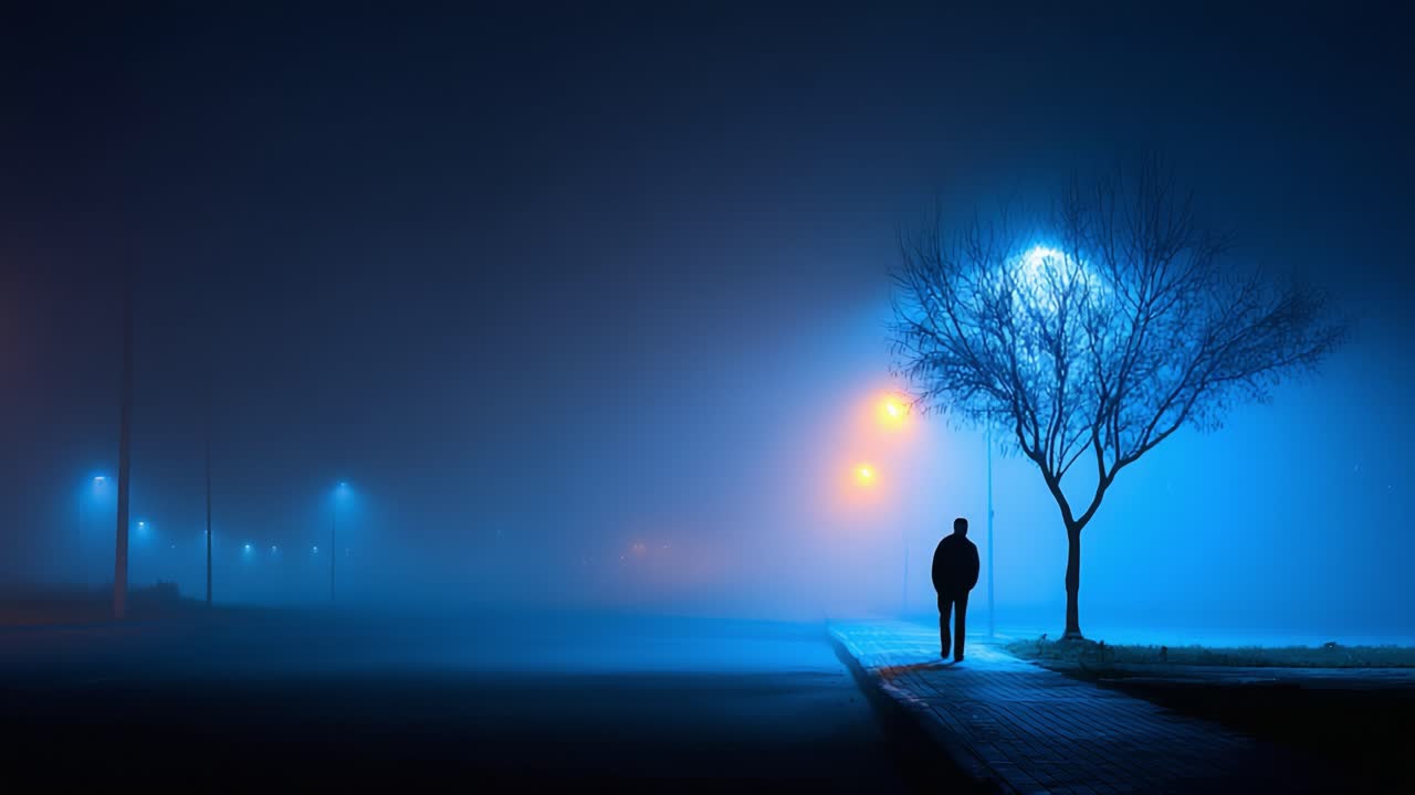 A solitary figure walks through a foggy urban landscape, illuminated by soft blue streetlights, capturing a moment of tranquility and introspection in the night