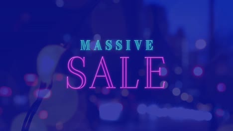 animation of massive sale neon text banner against night city traffic