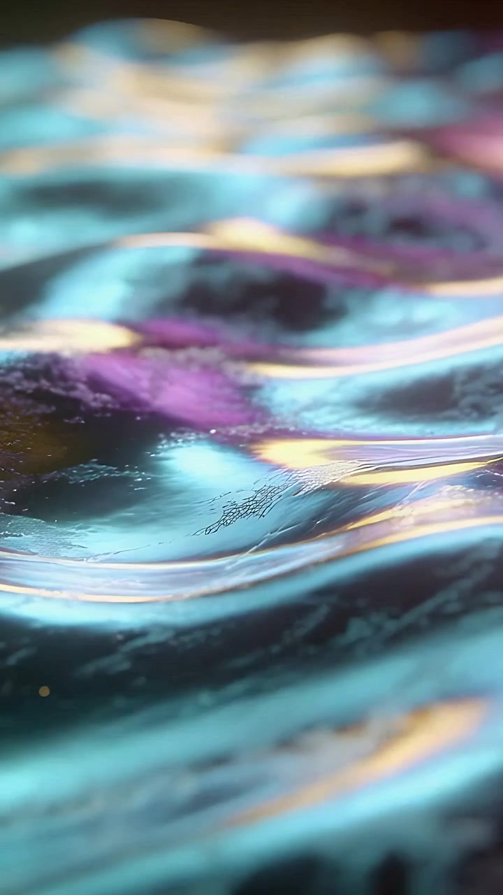 Vertical video: Shifting iridescent surface relaxing to waves, focus pulling in studio with bubbles