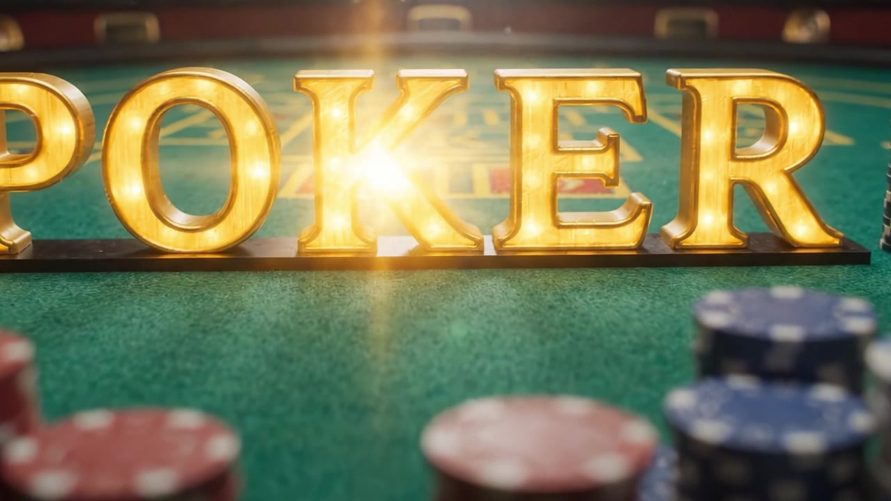 Una Scena Drammatica di Poker: Le Lettere Dorate dell'Iconico Gioco Spiccano tra Pile di Fiches Colorate su un Vivace Tavolo di Feltro Verde